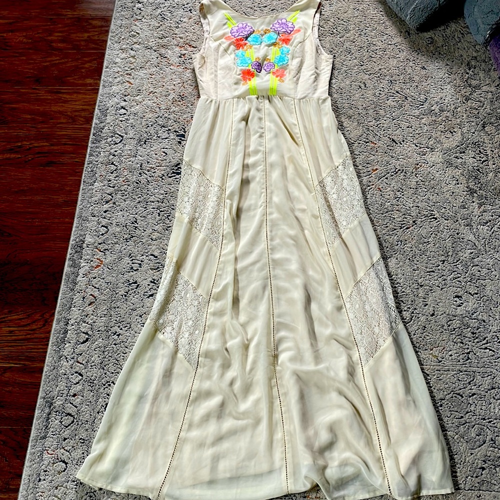 Anthropologie “Champagne and Strawberry” Lace Floral Stitch Dress